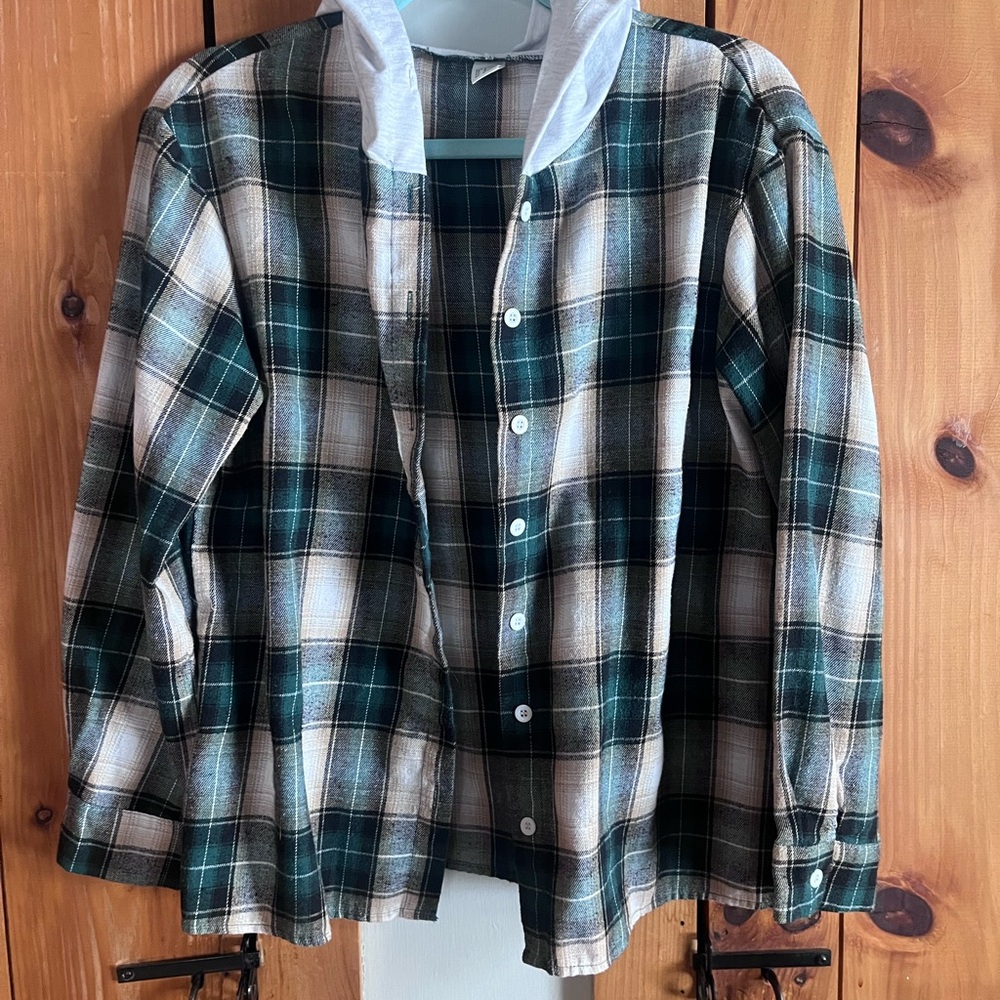 Green and White Plaid Button-Up Shirt